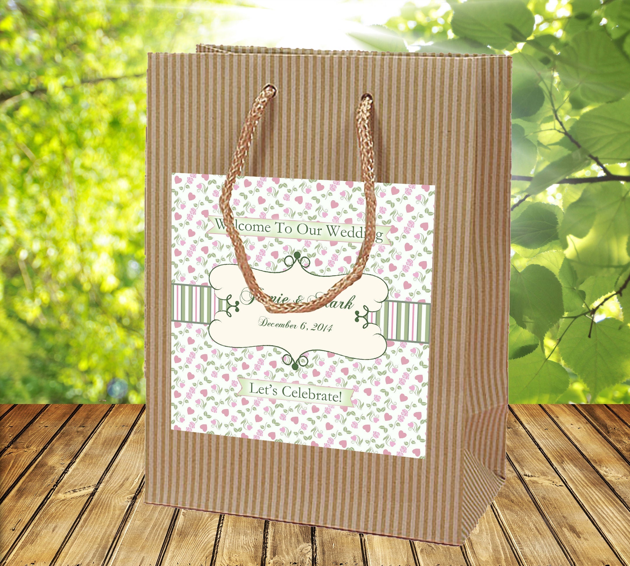 Pink & Sage Gingham Rustic Kraft Wedding Welcome Bag for Hotel Guests