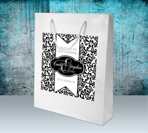 Personalized Black Damask Monogram Wedding Welcome Bag for Hotel Guests