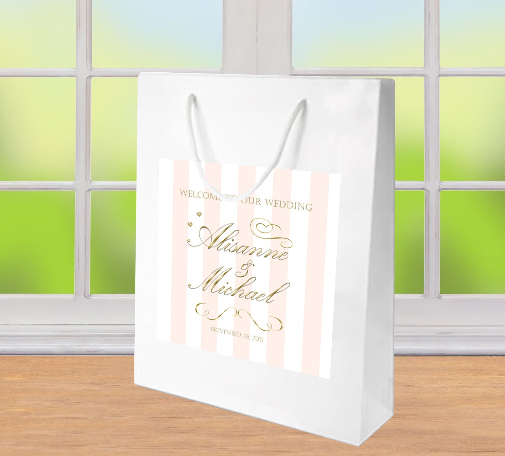 Modern Broad Blush Pink Stripe Wedding Welcome Bag for Hotel Guests