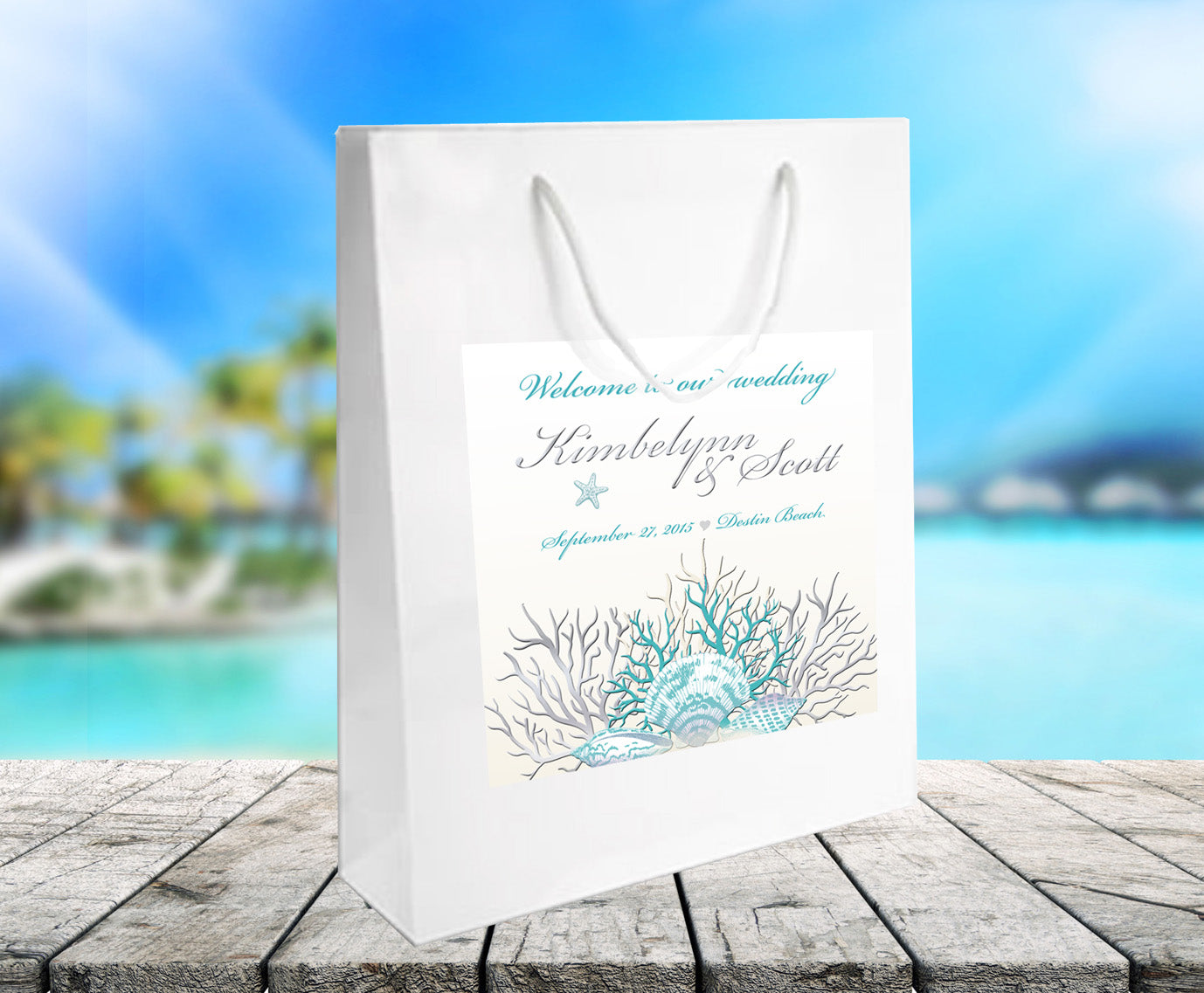 Teal Ocean Coral Custom Wedding Labels & Tropical Beach Destination Guest Welcome Stickers