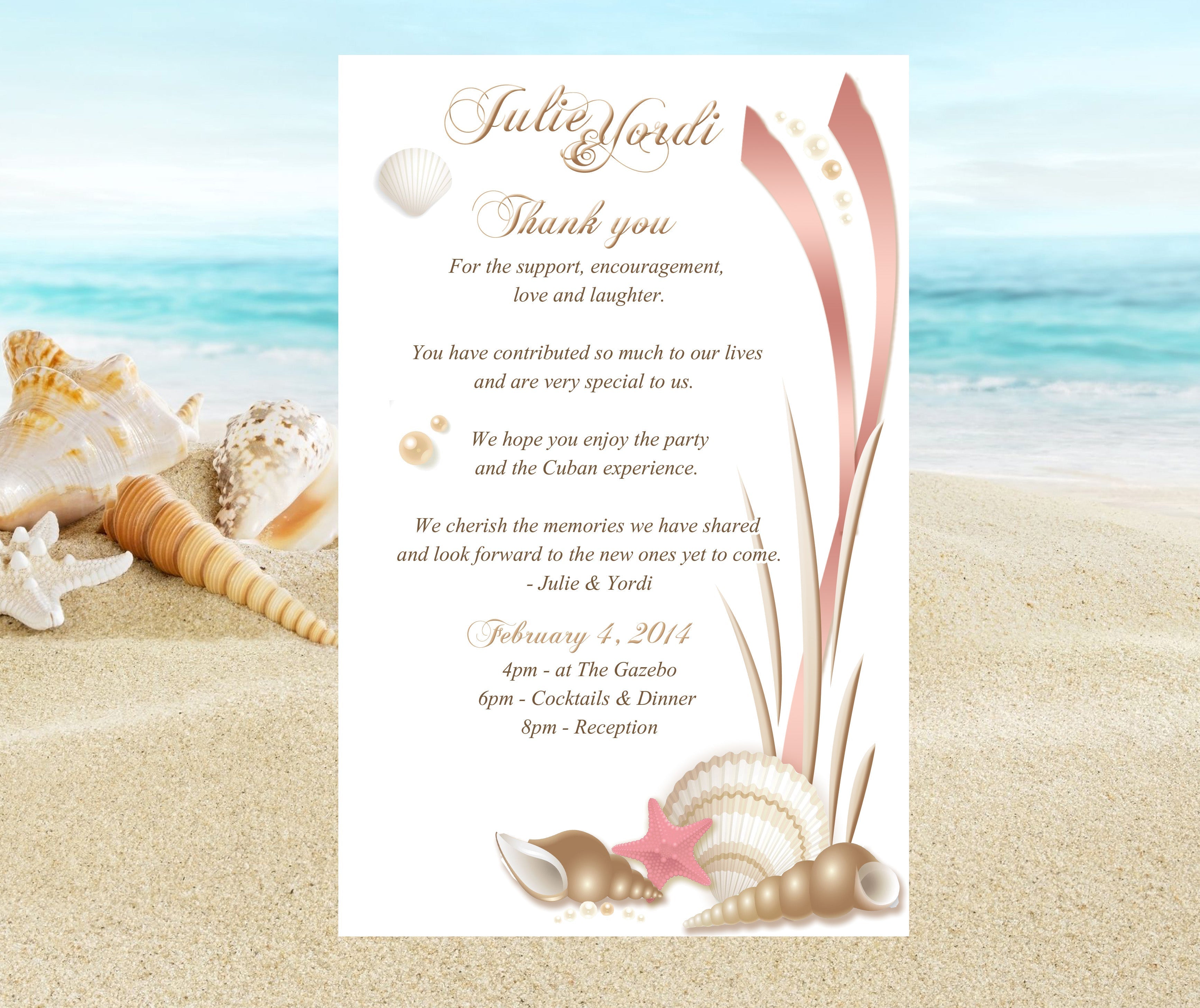 Pink and Gold Seashell Custom Wedding Welcome Note Cards & Tropical Beach Destination Guest Itinerary Inserts