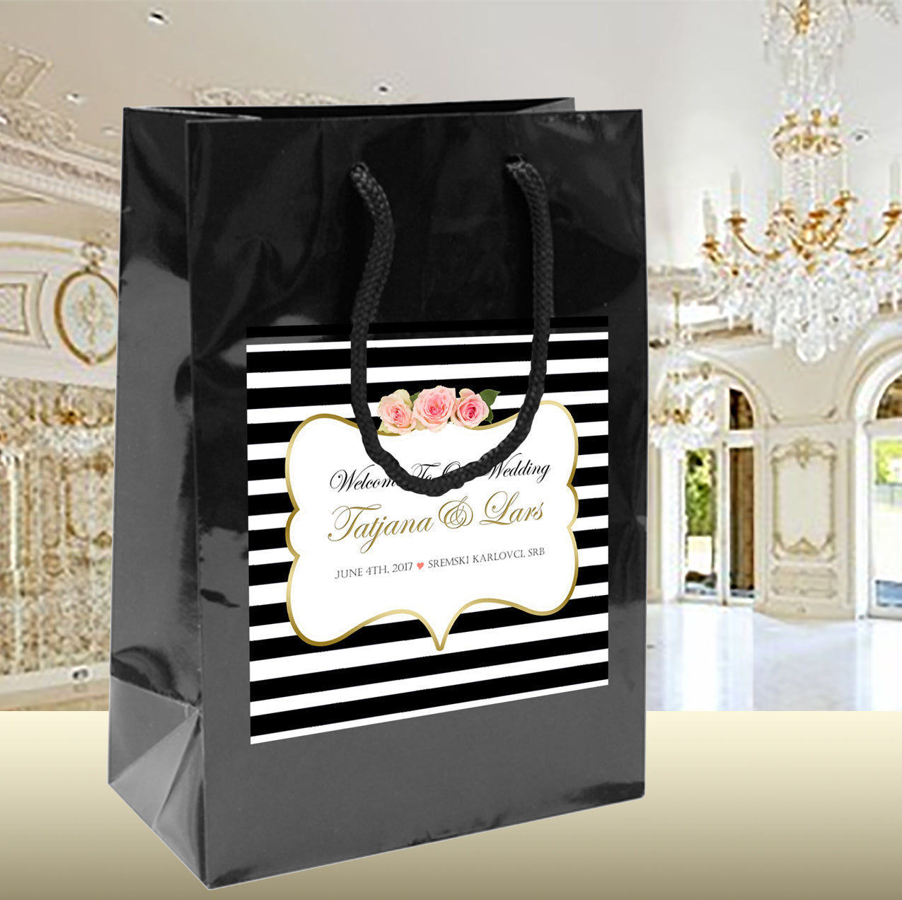 Black Stripe with Gold & Pink Accents Wedding Welcome Bag for Hotel Guests
