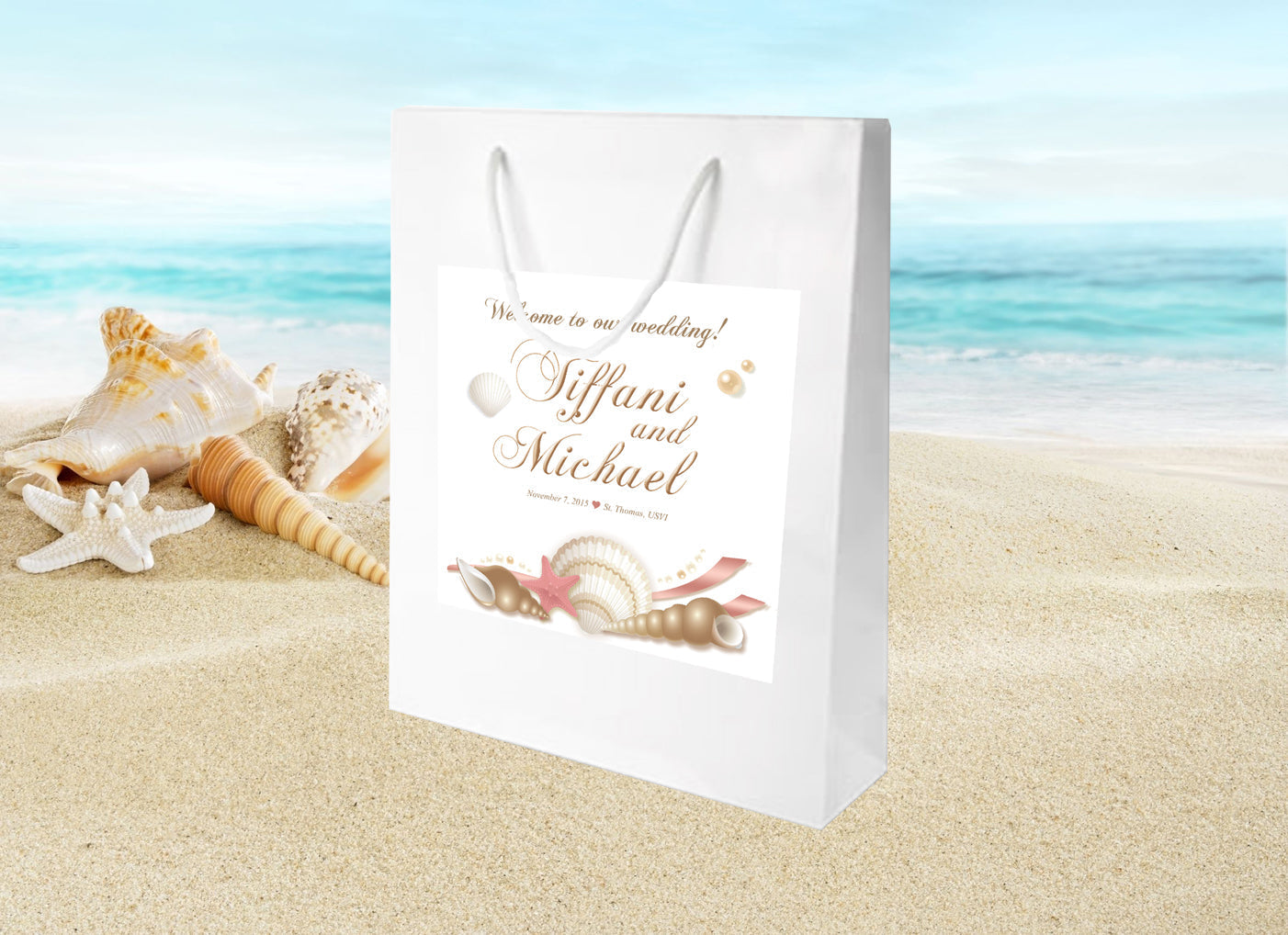 Seashell Pink Custom Wedding Labels & Tropical Beach Destination Guest Welcome Stickers