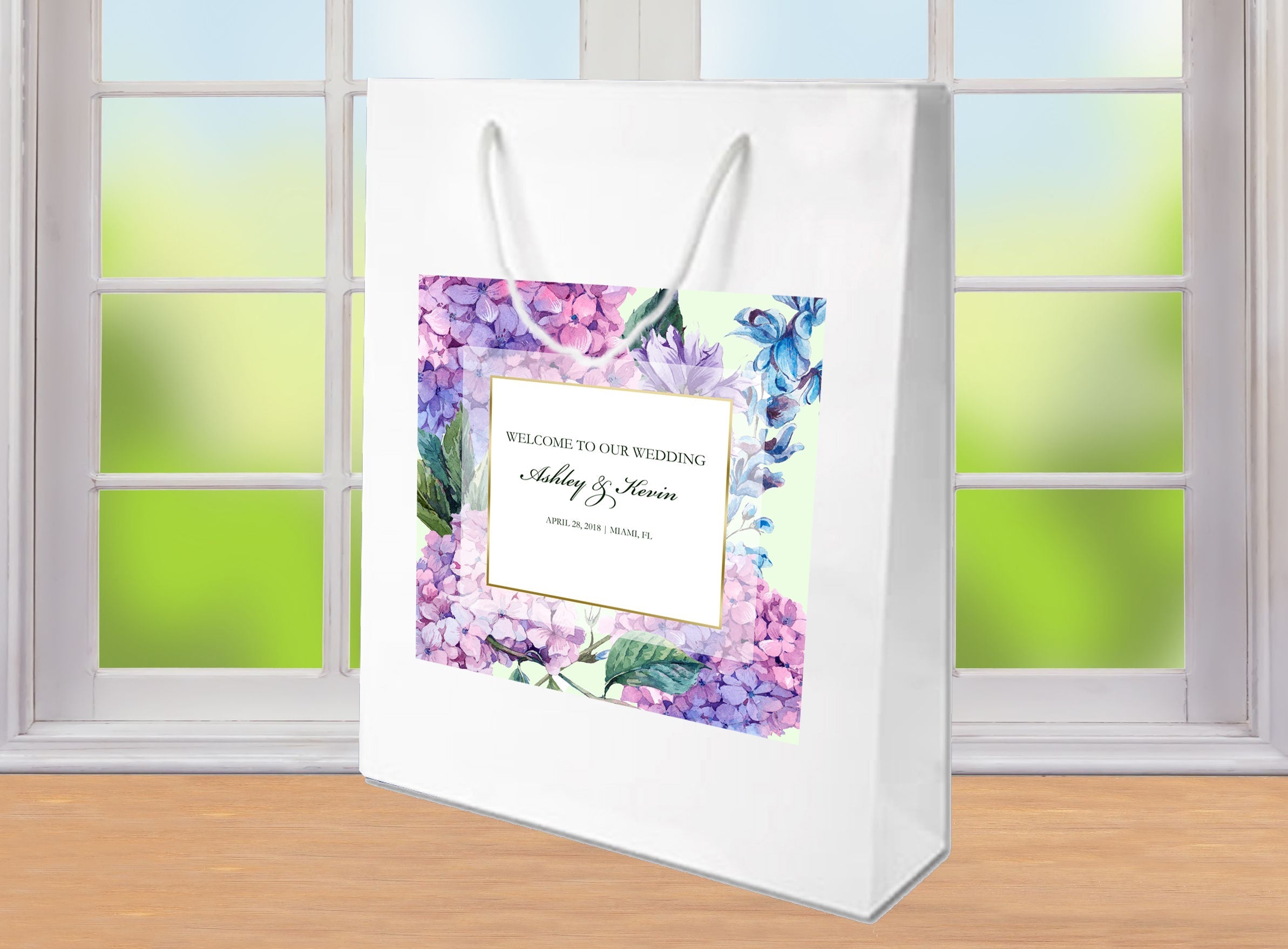 Pink & Purple Hydrangea Wedding Welcome Bags for Hotel Guests