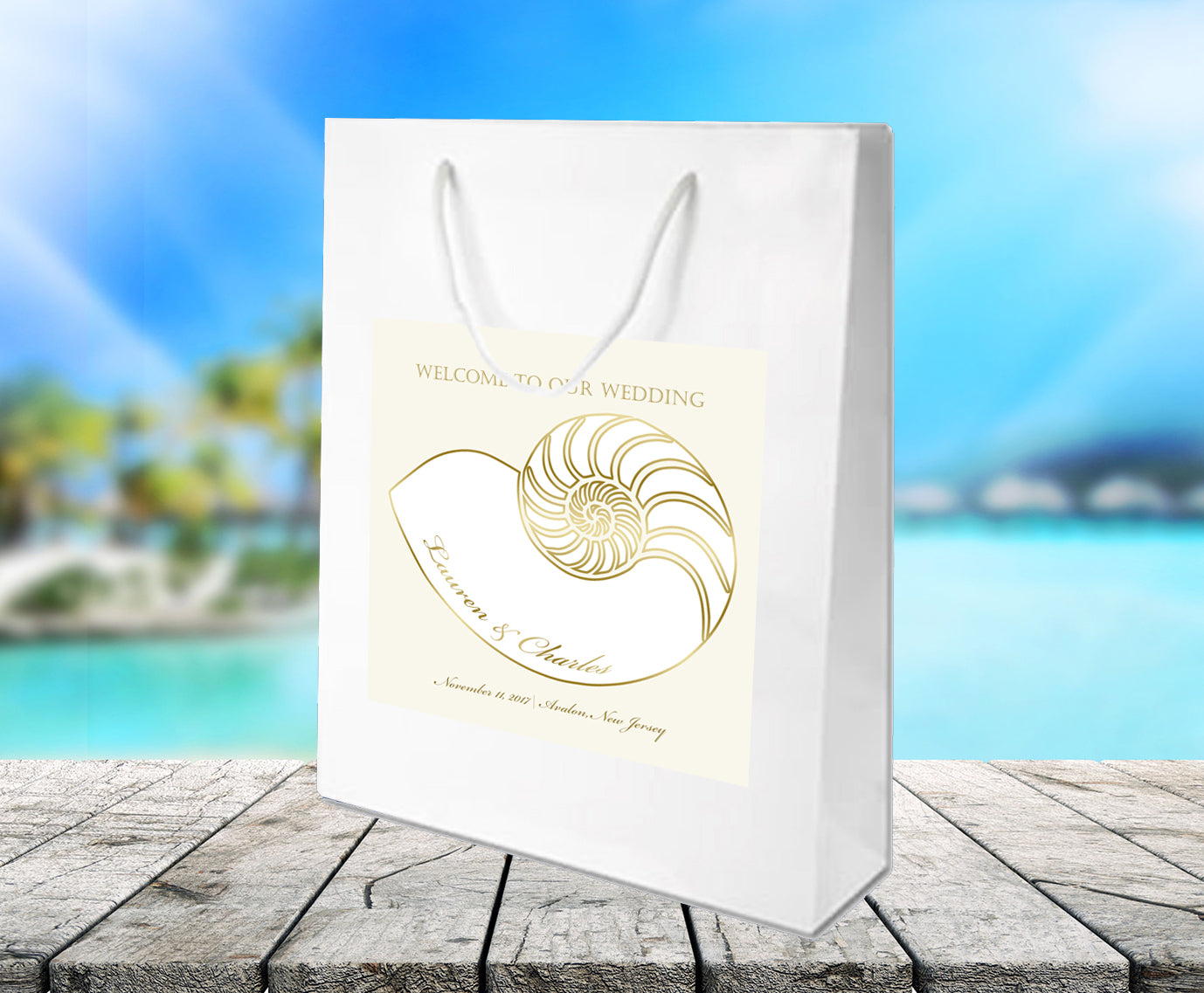 Nautilus Seashell Custom Wedding Labels & Tropical Beach Destination Guest Welcome Stickers