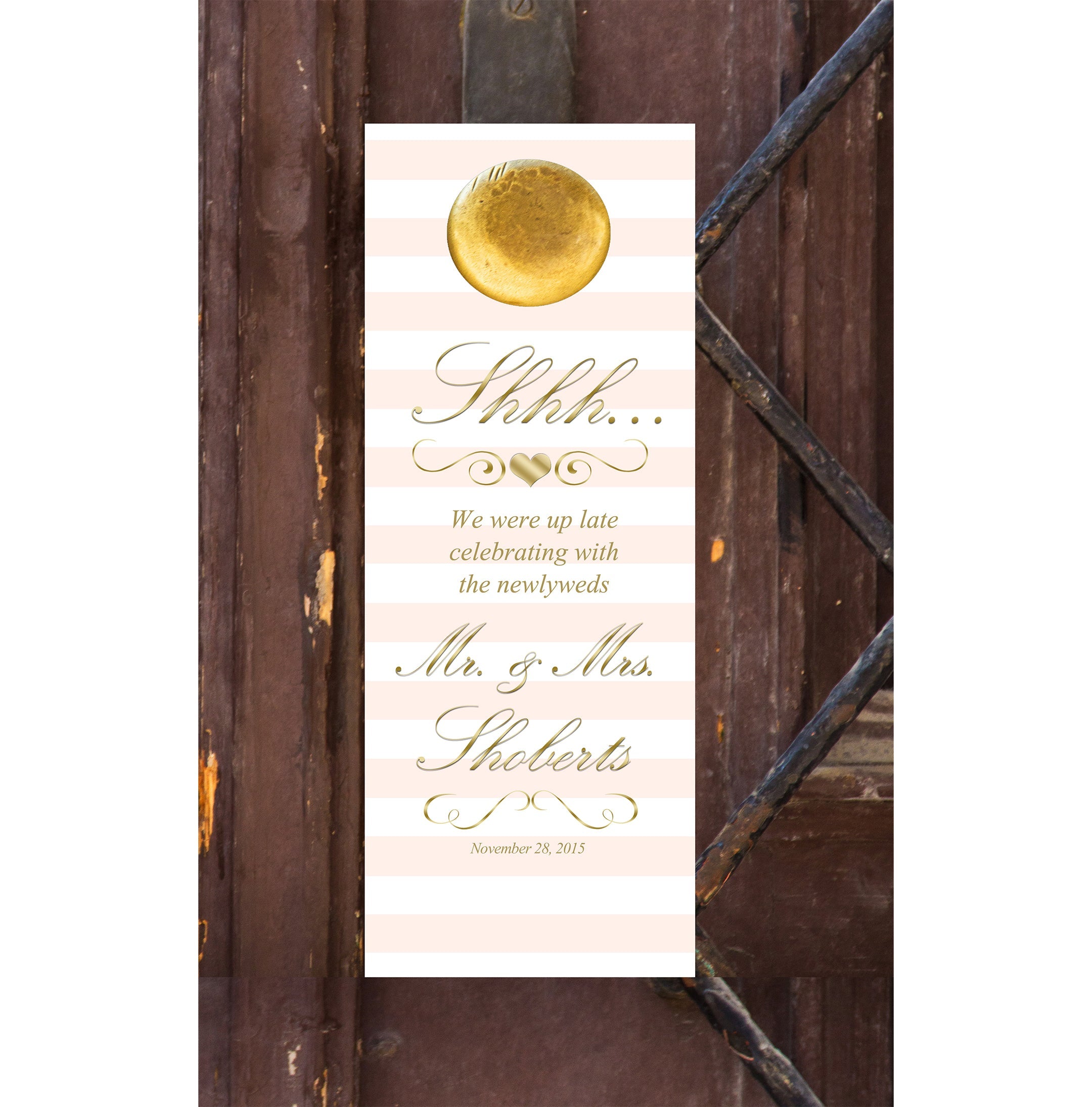 Broad Blush Stripe Custom Wedding Door Hanger & Preppy Hotel Guest Do Not Disturb Signs