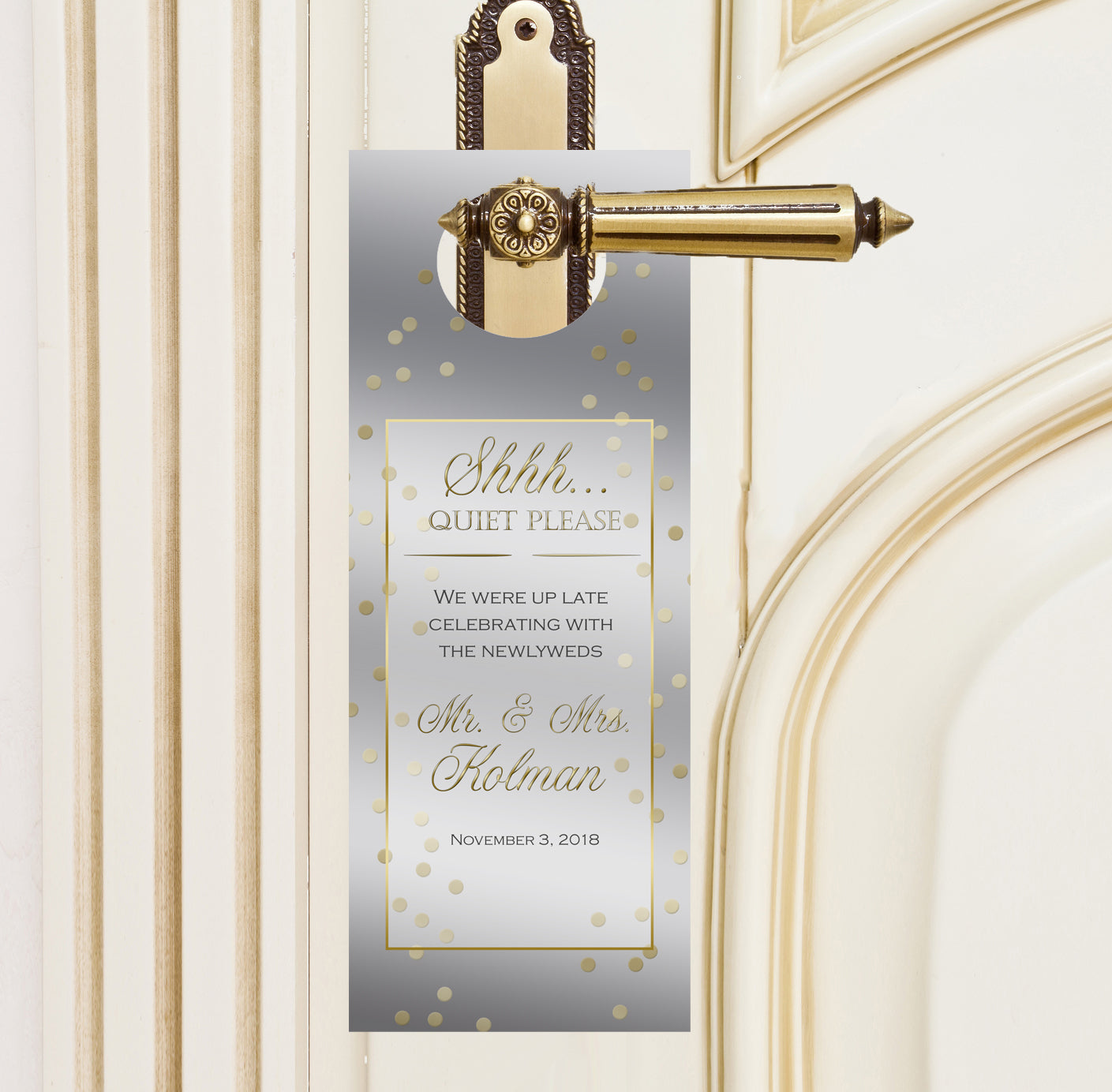Silver and Gold Confetti Dots Custom Wedding Door Hanger & Hotel Guest Do Not Disturb Signs