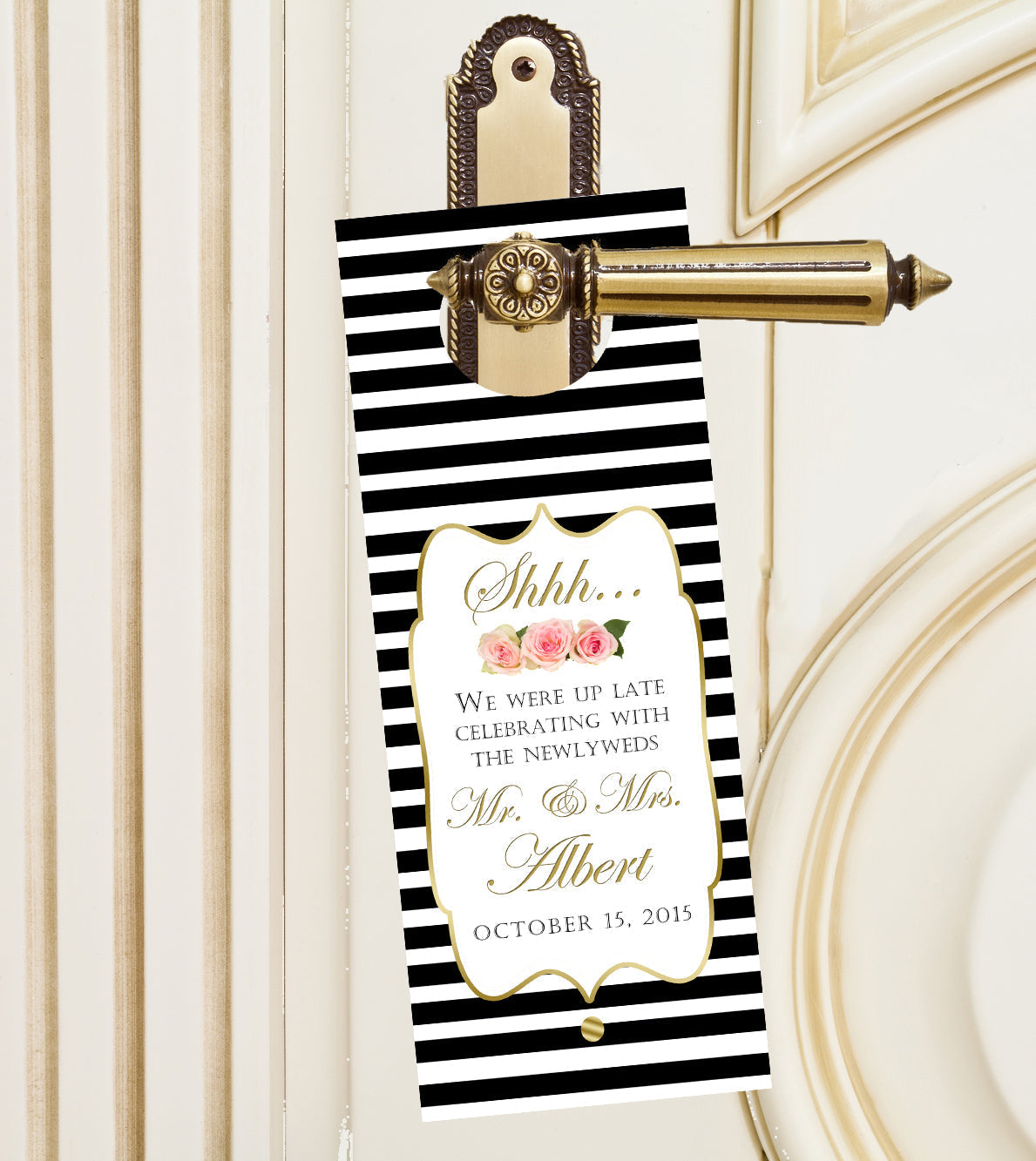 Modern Black and White Stripe Custom Wedding Door Hanger & Hotel Guest Do Not Disturb Signs