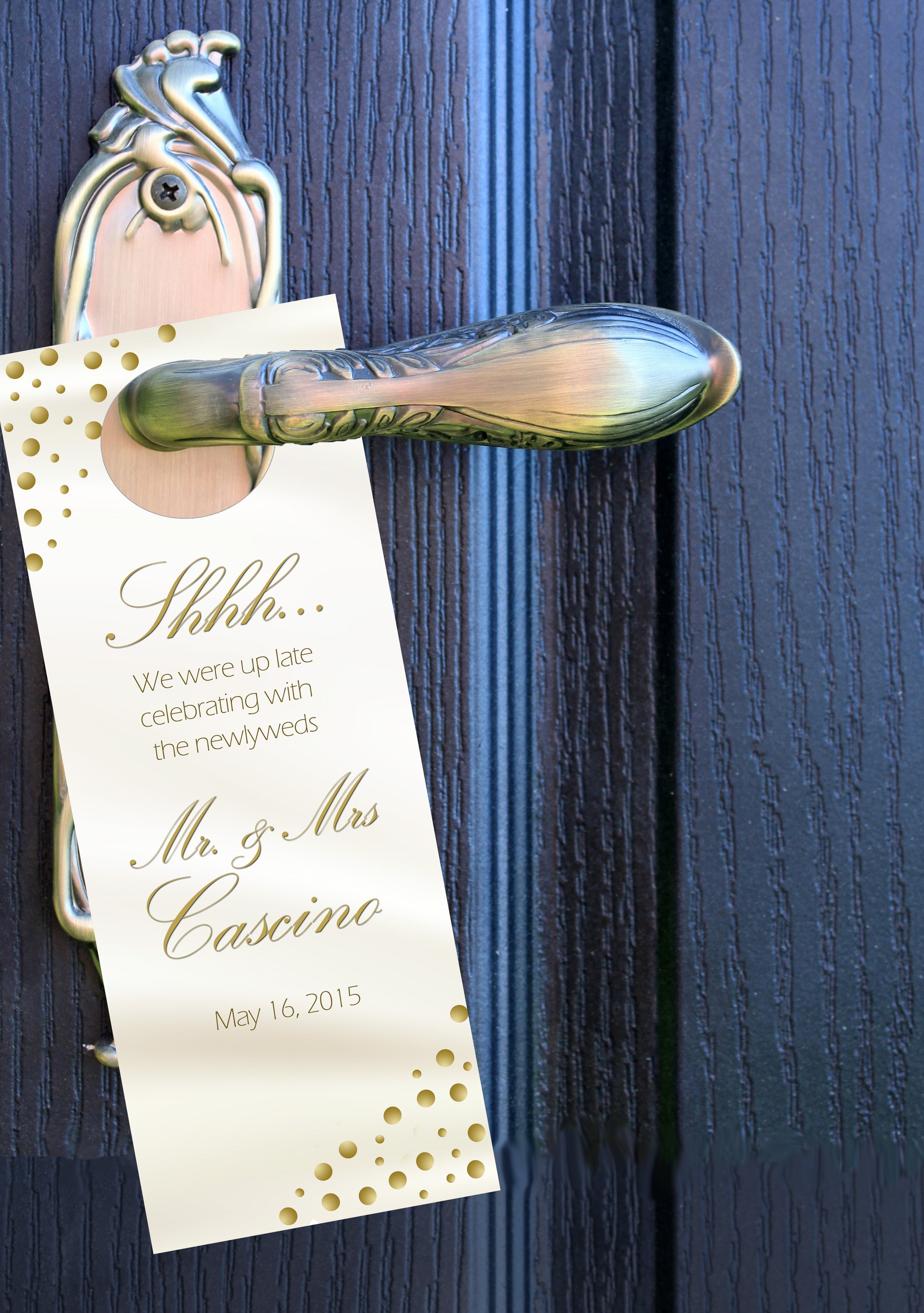 Custom Color Polka Dot Wedding Door Hanger & Personalized Hotel Guest Do Not Disturb Signs