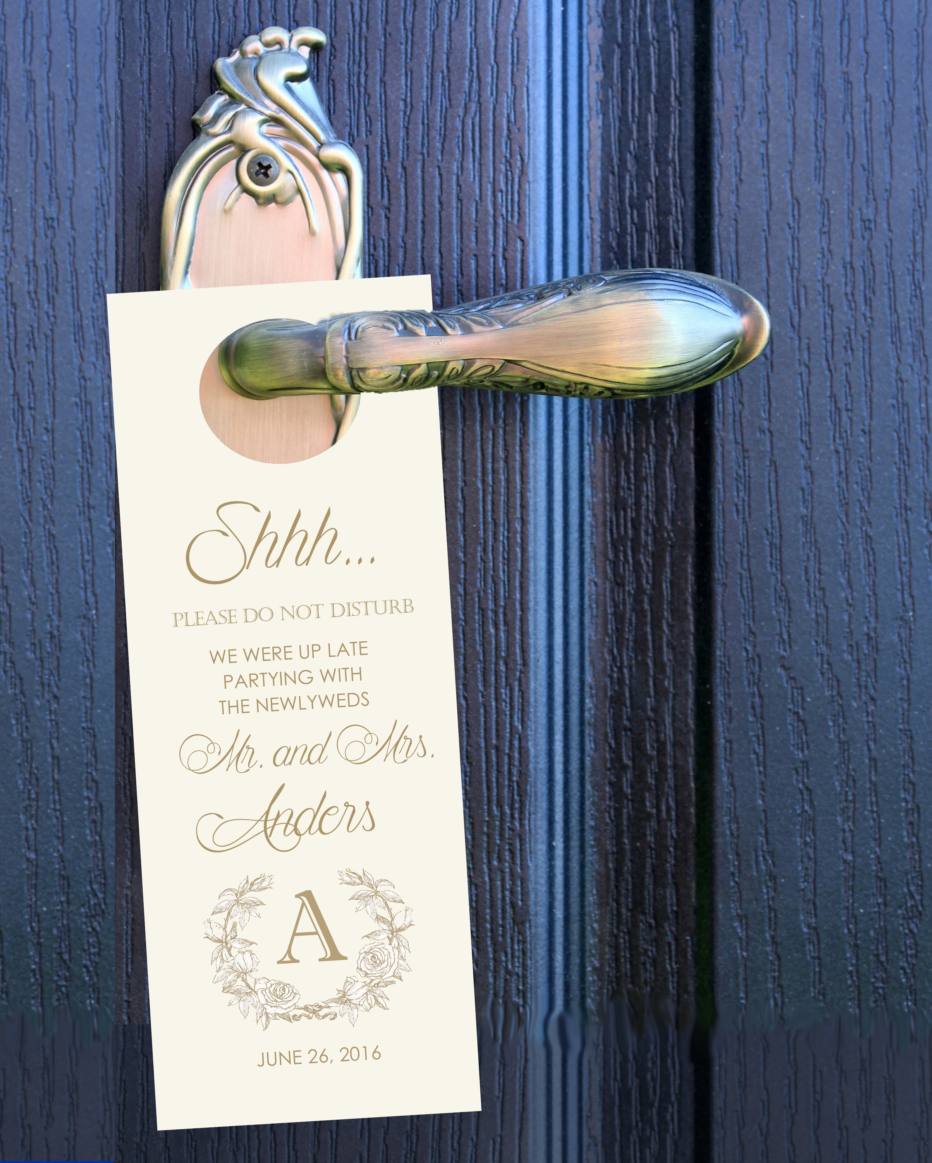 Elegant Gold Monogram Custom Wedding Door Hanger & Personalized Hotel Guest Do Not Disturb Signs