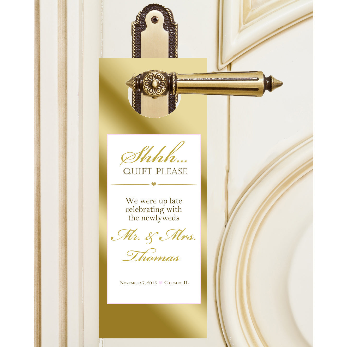 Minimalist Gold Border Custom Wedding Door Hanger & Luxe Hotel Guest Do Not Disturb Signs