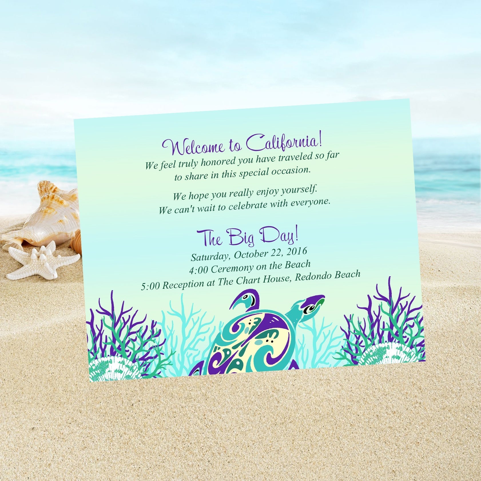 Sea Turtle Custom Wedding Welcome Note Cards & Tropical Beach Destination Guest Thank You Itinerary Inserts