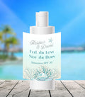 Teal and Silver Sea Coral Custom Sunscreen Labels & Tropical Beach Destination Travel Size Guest Favors